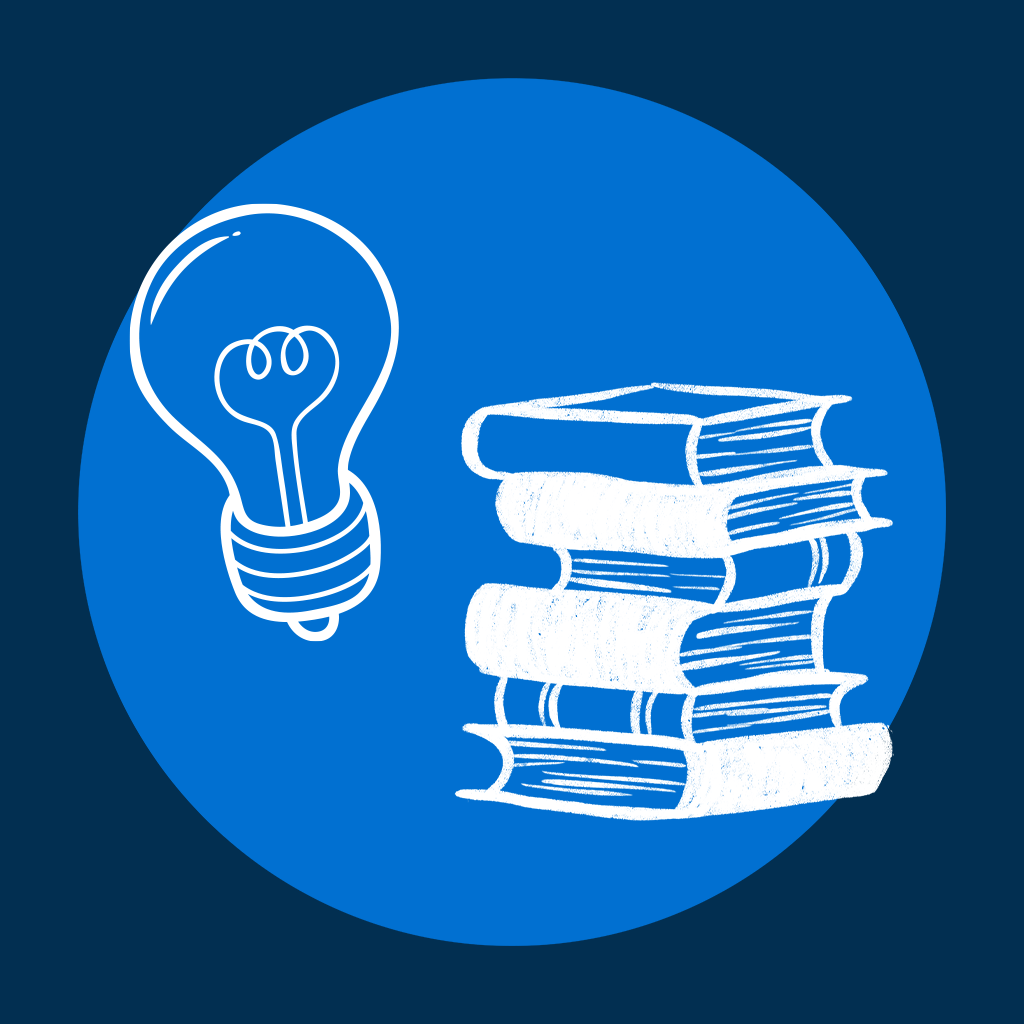 Illustration of a light bulb and stacked books, symbolizing innovation and learning in career development