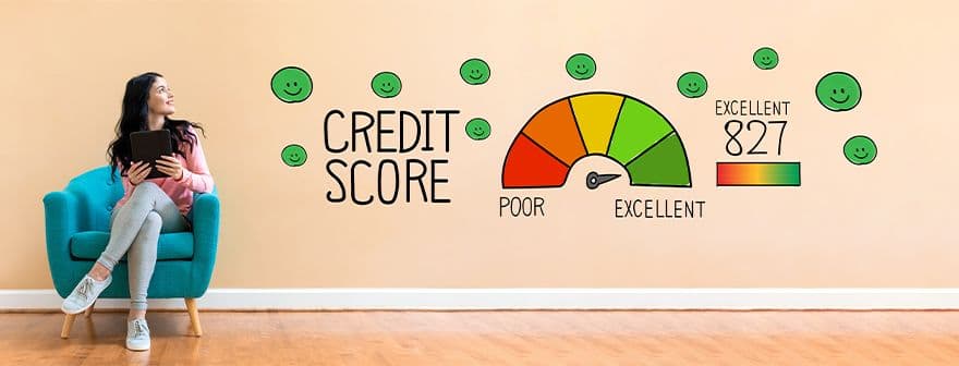 Young woman sitting on a chair with tablet in hands. Looking to the right, where is graphic showing credit score measure with 827 points and "excellent" label