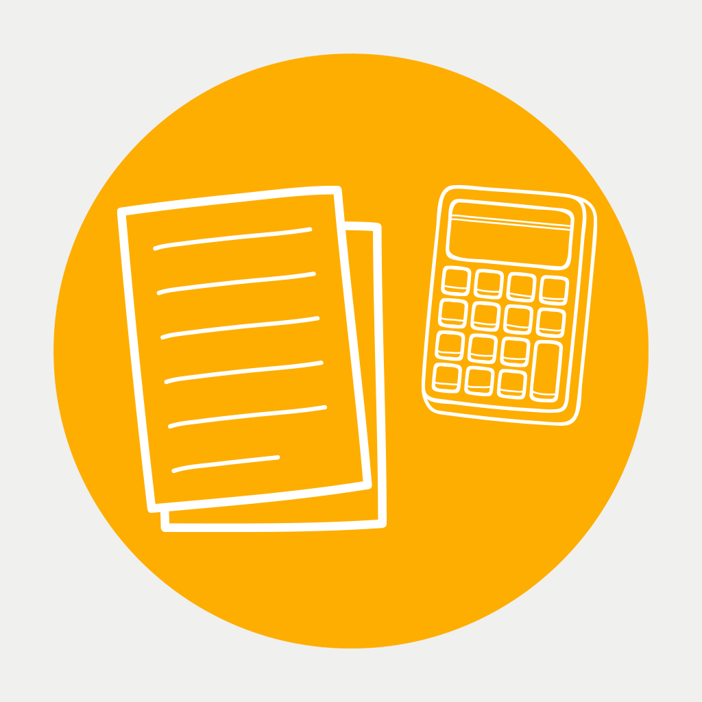 White outline of papers and calculator on orange circular background