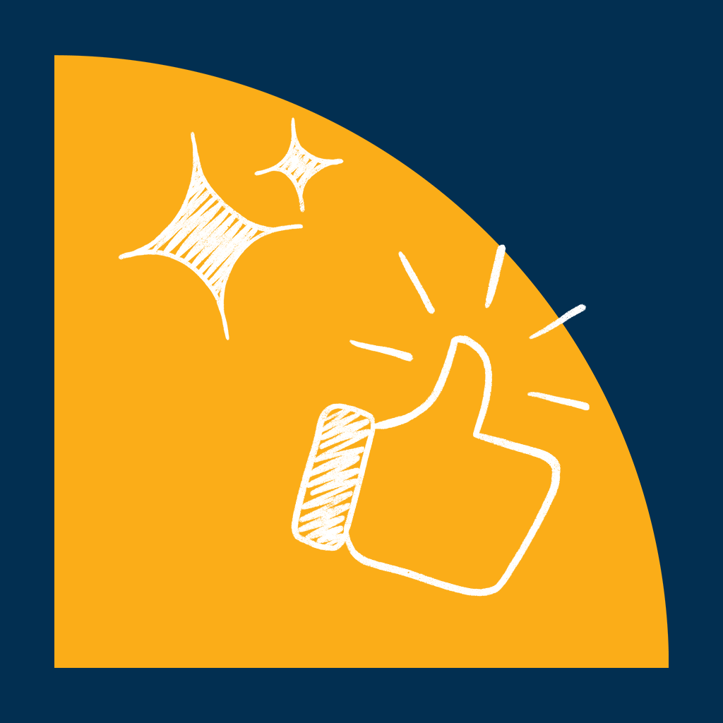 White thumbs-up sketch with sparkles on yellow quarter circle over dark blue background