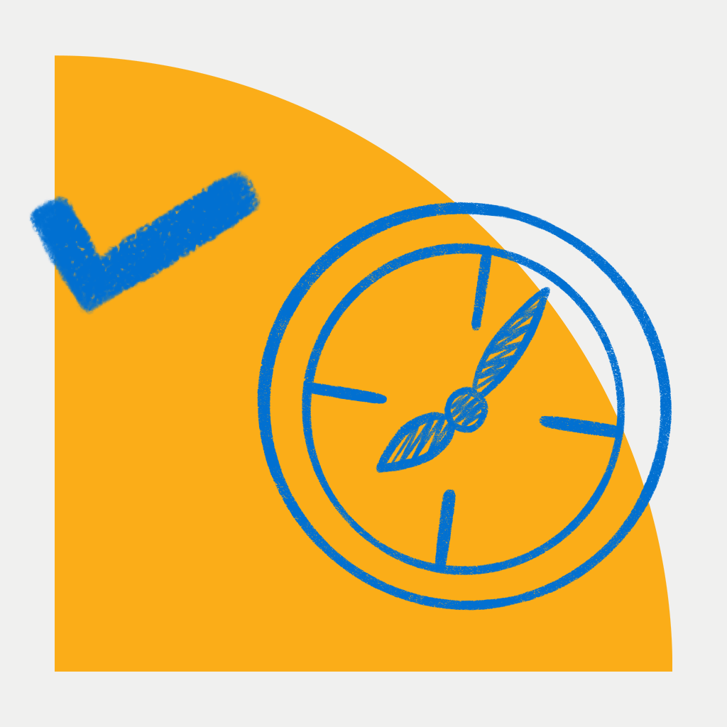 Yellow quarter circle with blue checkmark and circular gauge featuring a propeller