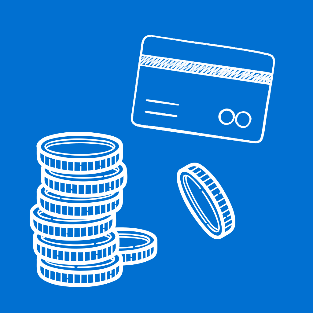 White line illustration of coins and credit card on blue background